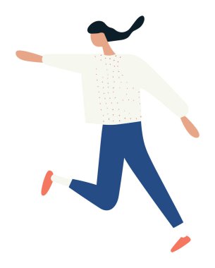 Dinamik duruşu ve günlük kıyafetleriyle koşan genç bir kadın. Etkin yaşam tarzı ve egzersiz konsepti vektör çizimi.