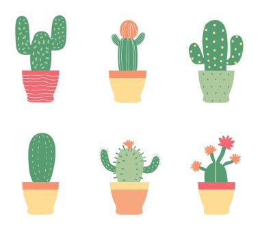 Renkli kaplarda altı farklı kaktüs, basit düz tasarım. Çöl bitkileri, ev içi sulu dekorasyon. Evde bahçıvanlık ve botanik vektör çizimi.