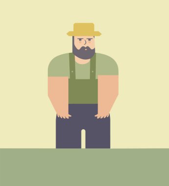 Kalçasında elleri olan, şapkası ve tulumu olan bir çiftçi, ciddi bir ifade. Tarımla uğraşan işçilerin tasviri. Çiftlik mesleği ve kırsal yaşam vektör çizimi.