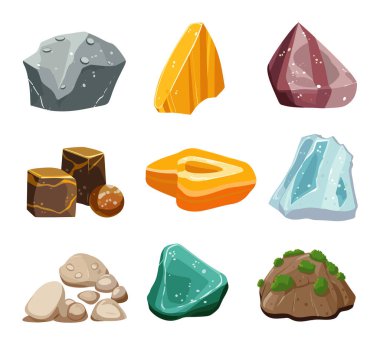 Çeşitli vektör karikatür minerallerinin ve kayaların toplanması. Jeoloji ve bilim, eğitim taşları çizimi.
