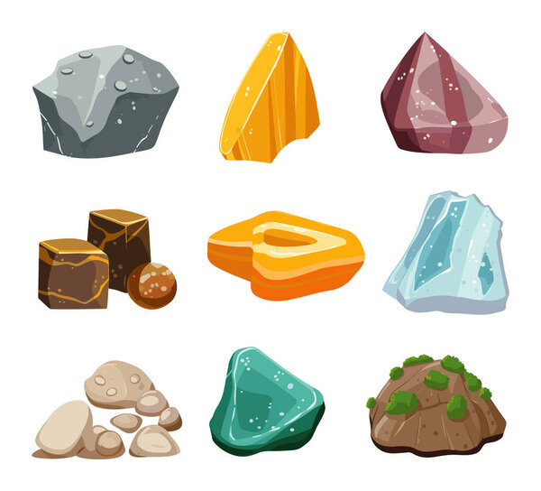 Collection of various vector cartoon minerals and rocks. Geology and science, educational stones illustration.