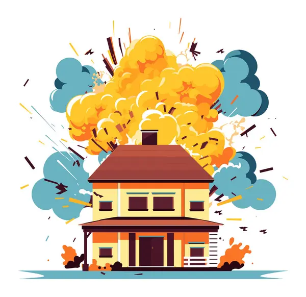 Explosion Zweistöckiges Haus Druckwolke Umherfliegende Trümmer Rauch Home Emergency Destruction Vektorgrafiken