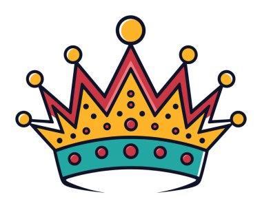 Renkli kraliyet tacı kırmızı sarı desenli, noktalı küreler sivri uçlu. Monarşi sembolü görkemli başlık vektör illüstrasyonu