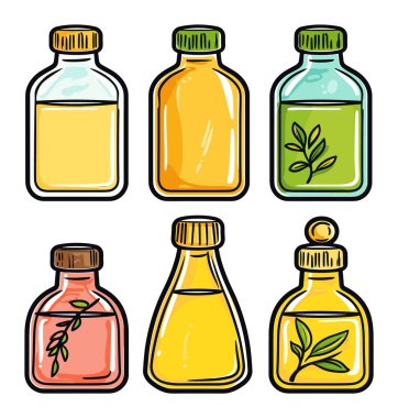 Altı renkli yağ şişesi ayarla. El yapımı çizgi film koleksiyonu aromaterapi yağları. Doğal yağlar vektör illüstrasyonuna yardımcı olur