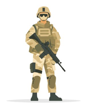 Asker kamuflaj üniforması elinde tüfekle ayakta duruyor. Modern askeri personel savaş teçhizatı, hazır duruş. Güvenlik silahlı kuvvetleri vektör illüstrasyonu