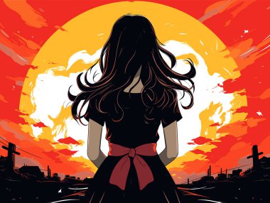 Kız gün batımı mezarlığını izliyor, yalnızlık hissi uyandırıyor. Huzurlu ama kasvetli bir an, içgözlem alacakaranlık vektör çizimi