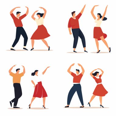 Dans eden çiftler, dans eden erkekler, dans eden gündelik giysiler. Neşeli dansçılar Latin Amerika dansı yapıyor. Salsa dansı dersi, dans dersleri vektör illüstrasyonu.
