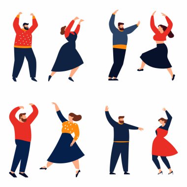 Neşeli dans eden çiftler, şık günlük kıyafetler, düz tasarım. Çeşitli erkekler danstan hoşlanır, aktif yaşam tarzı vektör çizimi