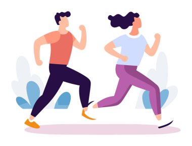 Erkek kadın dışarı koşuyor, yan görüş, hareket. Fitness çifti koşu, sağlıklı yaşam tarzı konsept vektör çizimi