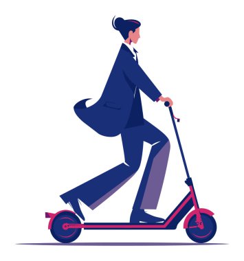 Elektrikli scooter süren bir iş kadını. Kendine güvenen profesyonel bir kadın. Çevre dostu kentsel eşleşmeli vektör çizimi