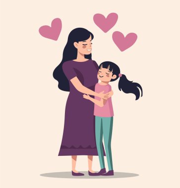 Asyalı anne, genç kız sevgisini kucaklıyor. Mutlu gülümseme anı kalpleri. Sevecen ebeveyn çocuk bağlayıcı vektör çizimi