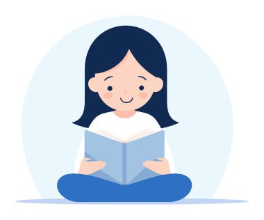 Genç Asyalı kız oturmuş kitap okurken mutlu bir ifade takınıyor. Huzurlu bir şekilde aşk kitapları okuyorum. Vektör illüstrasyonu