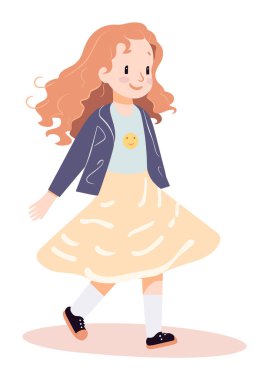 Genç kız mutlu bir ifadeyle yürüyor, günlük kıyafet gülümseme rozeti takıyor. Neşeli çocuk okula gidiyor. İçerik gençlik yaşam tarzı vektör çizimi