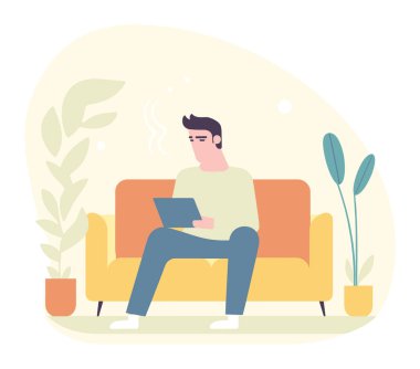 Tablet kaplı oda bitkilerini kullanan bir adam kanepeye oturuyor. Rahat erkek ev dijital cihazı. Rahat yaşam teknolojisi vektör illüstrasyonunu kullan