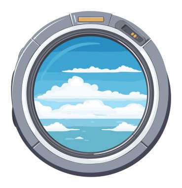 Uçağın pencere manzarası bulutların mavi gökyüzünü gösteriyor. Çizgi film tarzı lomboz, sakin gökyüzü sahnesi. Seyahat havacılık konsepti vektör illüstrasyonu