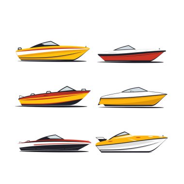 Farklı renkte altı sürat teknesi ayarla. Deniz taşımacılığı, eğlence tekneleri düzgün şekiller. Modern deniz araçları vektör çizimi