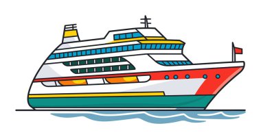 Gemi gezisi, yelkenli su, renkli modern gemi denizi. Okyanus gemisi deniz taşımacılığı vektör çizimi