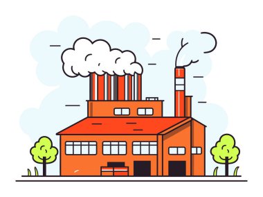 Turuncu endüstriyel fabrika bacaları duman yayıyor, net bir gün çiziliyor. Çevre kirliliği kavramı sektör vektör illüstrasyonu