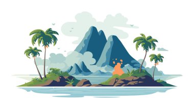 Tropik ada manzarası dağları, palmiye ağaçları, okyanus. Sakin doğa manzarası dingin su volkanik zirveleri