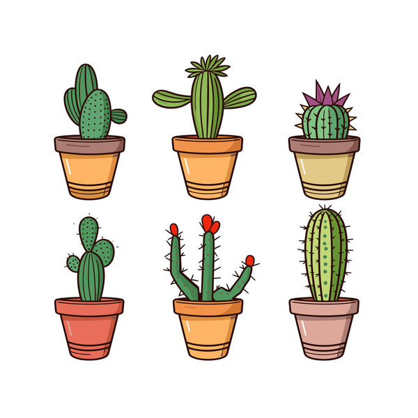 Different cacti pots collection. Colorful desert plants brown containers decoration. Exotic flora houseplants concept vector illustration