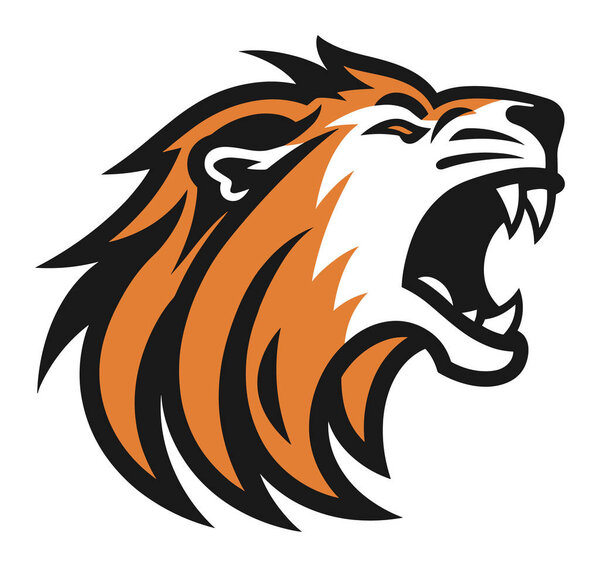 Stylized roaring lion head profile orange black mane. Majestic lion mascot design. Animal strength dominance vector illustration