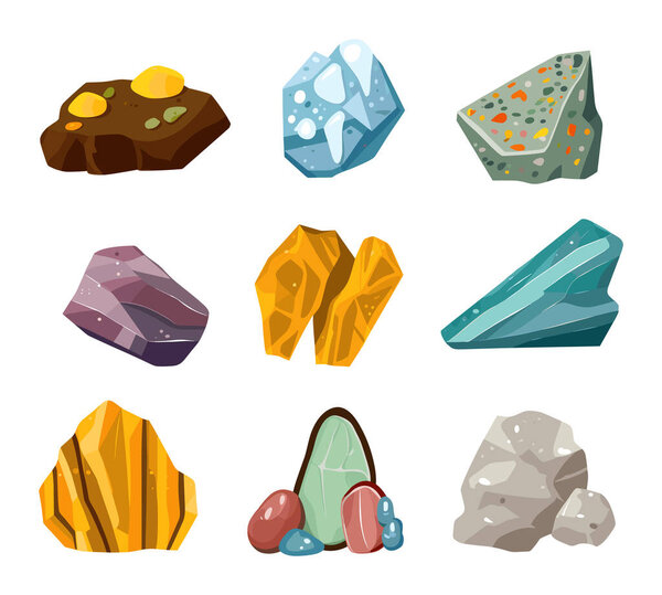 Collection colorful cartoon gemstones minerals. Set various magic crystals, precious rocks game design. Minerals gemstone collection, geology theme vector illustration