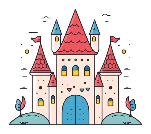 Bunte Märchenschloss Rote Dächer Blaue Türen Cartoon Mittelalterliche Festung Flaggen lizenzfreie Stockillustrationen