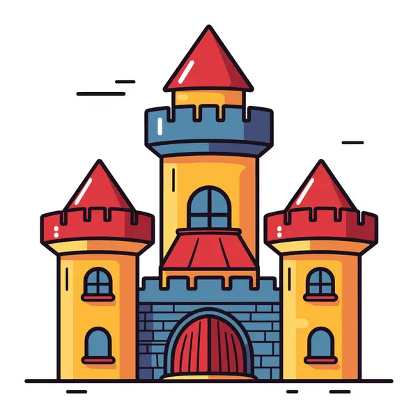 Bunte Cartoon Burg Rot Blauen Dächern Märchenhafte Mittelalterliche Festungstürme Fantasiereiche lizenzfreie Stockillustrationen