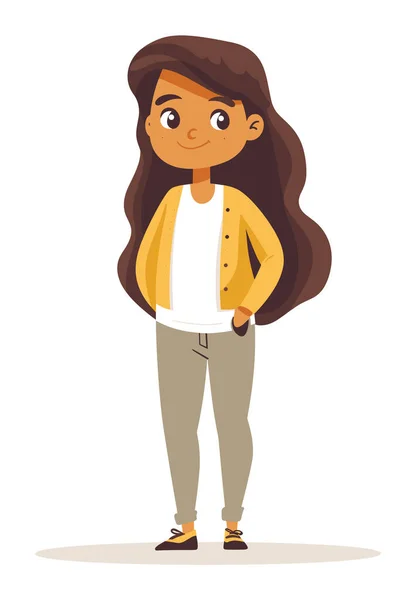 Young Hispanic Girl Standing Hands Pockets Casual Clothing Confident Female Vector Graphics