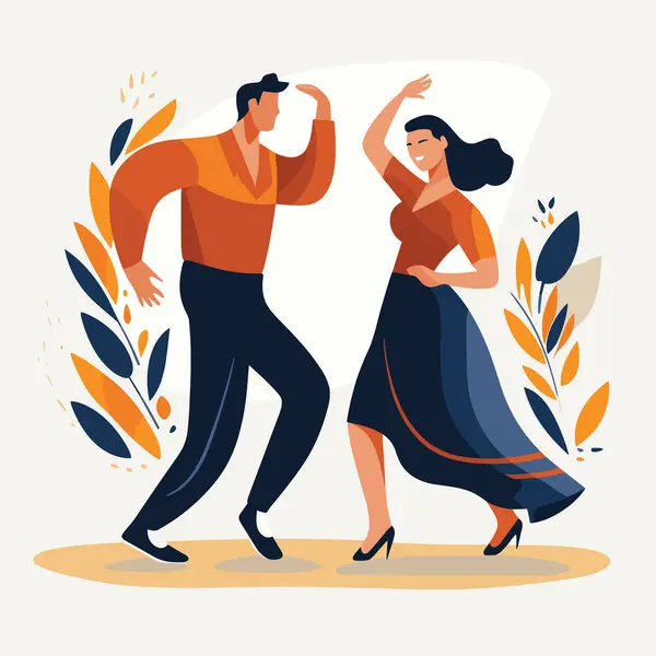 サルサを踊るヒスパニック系カップルは 喜んで 帽子をかぶった男 流れるドレスの女性 ラテンダンス 文化祭 お祝いの気分ベクターイラスト ロイヤリティフリーのストックイラスト