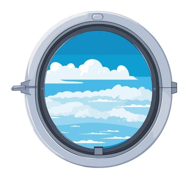 雲の青い空を示す飛行機の窓の眺め 漫画スタイルのポートホールセリーンスカイシーン 旅行航空コンセプトベクターイラスト ベクターグラフィックス
