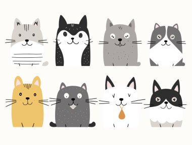 Sekiz sevimli stilize kedi çeşitli desenler renkler tasvir edilmiş vektör illüstrasyonu