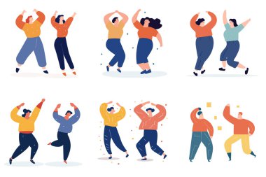 Grup halinde dans eden insanlar, mutlu çizgi film karakterleri kutlama yapıyor. Neşeli dans hareketleri neşeli ruh hali çizimi