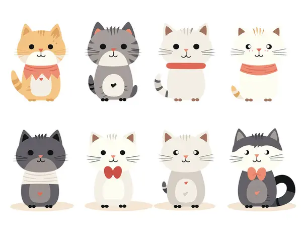 Åtta Söta Tecknade Katter Visade Par Med Olika Färger Tillbehör — Stock vektor