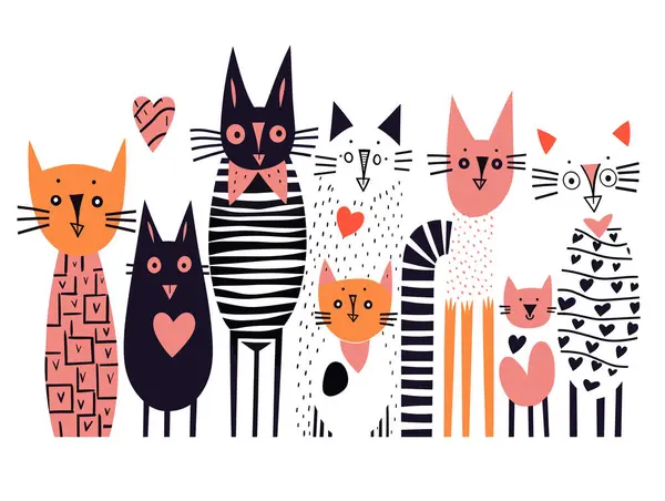 Bild Reihe Bunt Cartoon Katzen Dekorative Muster Vektor Illustration Stockvektor