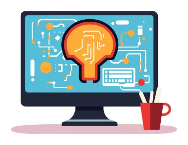 Düz dizayn bilgisayar monitörü ampul ikon devre sembolleri. Yaratıcı süreç fikir üretme kavramı. Dijital beyin fırtınası yenilikçi vektör çizimi