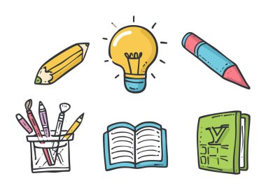 Ampul, kalem, kitap gibi el yapımı eğitim araçları. Yaratıcılık öğrenme kavramı sanat vektör illüstrasyonunu sağlar