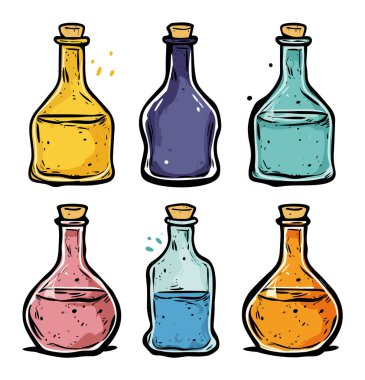 Renkli el yapımı iksir şişeleri. Sihirli sıvı şişeleri fantezi temalarını çizer. Simyacı sihirbaz vektör çizimi sağlar