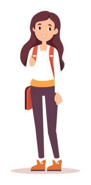 Genç kız öğrenci sırt çantası. Kendine güvenerek gülümsüyor. Günlük kıyafet mutlu öğrenci yaşam tarzı vektör çizimi