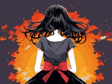 Siyah saçlı, turuncu görünümlü bir kız. Genç kadın yayı, canlı renk arkaplan, derin düşünceli ruh hali çizimi.