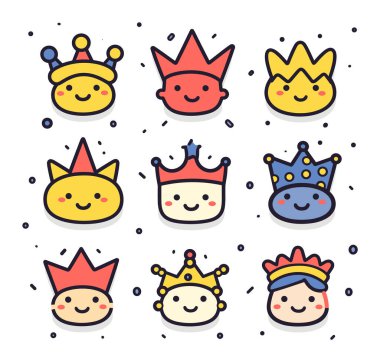 Renkli taçlar giyen sevimli gülen emojileri ayarlayın, basit, sevimli çizgi film tarzı. Mutlu kraliyet yüzleri, şenlik tasarımı, parti simgeleri vektör illüstrasyonu