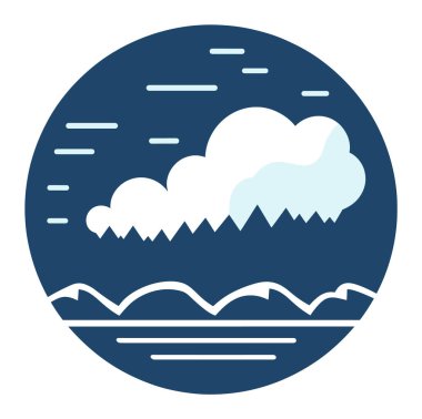 Minimalist bulut manzarası mavi tonlar, yuvarlak çerçeve tasarımı. Modern geometrik doğa sahnesi, düz biçim vektör illüstrasyonu