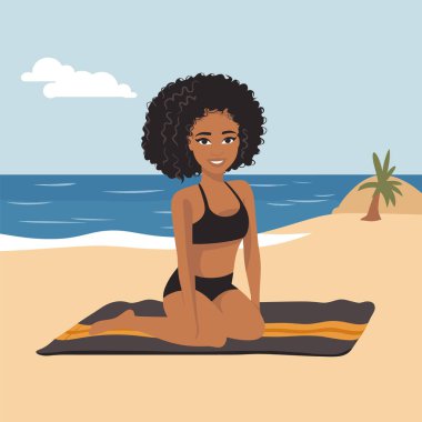 Havlu plajında oturan Afrikalı Amerikalı kadın. Gülümseyen genç bayan bikini tropik deniz kıyısının tadını çıkarıyor. Yaz tatili plaj rahatlama vektör illüstrasyonu