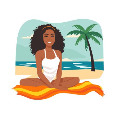 Afro-Amerikalı kadın plaj havlusu meditasyonu yapıyor. Gülümseyen kadın, tropikal yoga manzarası uyguluyor. Rahatlama sağIığı tatil vektör çizimi