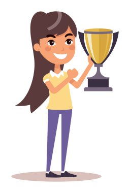 Genç Latin kız elinde kocaman bir kupa tutuyor. Başarı tema vektör illüstrasyonu