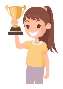 Altın kupa tutan mutlu genç kız zaferi kutluyor, başarı konsepti. Çocuk başarısı ödül töreni vektör illüstrasyonu