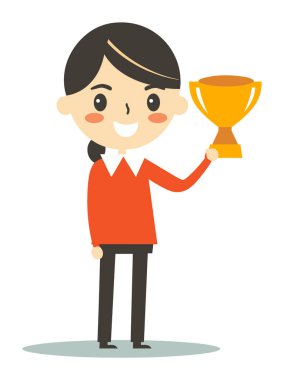 Genç çizgi filmdeki siyah saçlı kız elinde altın kupa, gururla gülümsüyor. Başarı vektörü illüstrasyonunu kavra