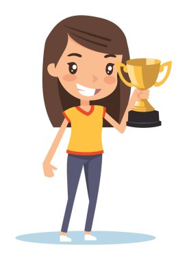 Genç kız elinde kupa tutarken gülümsüyor, üstünkörü giyiniyor, zaferi kutluyor, başarı konsepti, ödül, mutluluk. Başarı, kazanan, gurur, zafer, öğrenci başarı vektörü illüstrasyonu