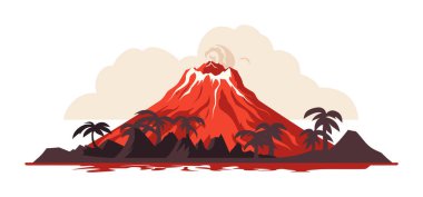 Patlayan volkan lav akıntıları, palmiye ağaçları bulutları. Tropikal ada volkanı patlaması kızıl sıcak lav. Tehlikeli doğal afet vektör çizimi