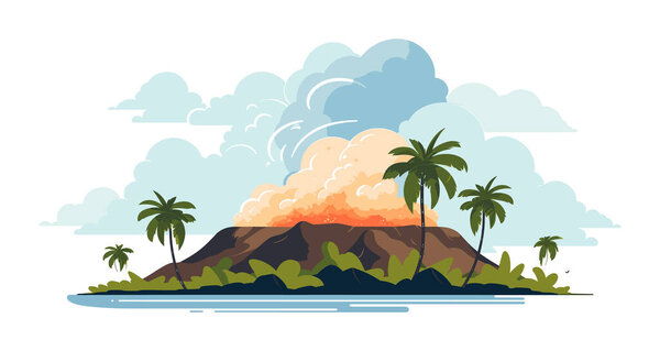 Тропический остров извергающийся вулкан, пальмы, птицы. Природная катастрофа, извержение вулкана, облако пепла. Векторная иллюстрация